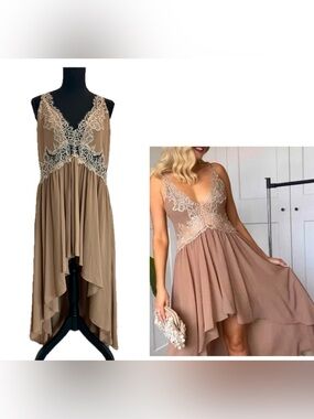 Zara taupe dress sleeveless intricate lace V-neck high-low hemline Sz L NWOT